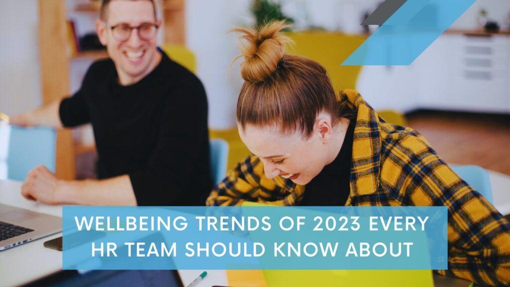 The Wellbeing Trends 2023 That Every HR Team Should Know About - Banner with people who are happy and laughing at work