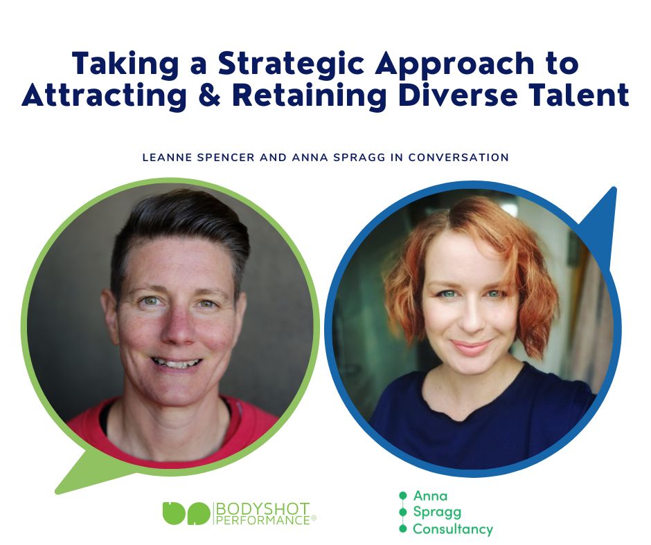 Taking a Strategic Approach to Attracting & Retaining Diverse Talent. Leanne Spencer and Anna Spragg in conversation. Profile picture of each person and their business logos