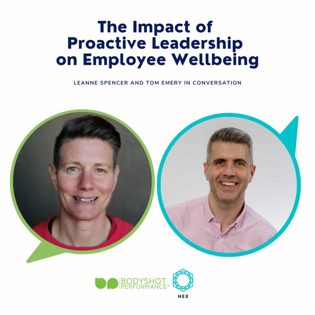 The impact of proactive leadership on employee wellbeing webinar graohc with Leanne and Tom's profile pictures