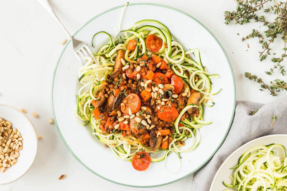 Rich lentil bolognese with courgetti