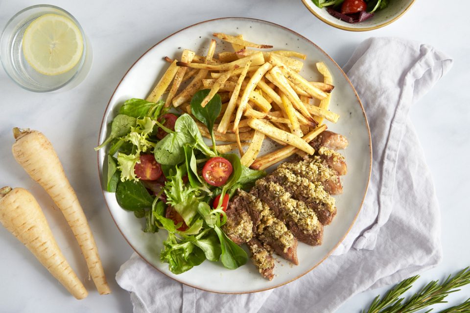 Rosemary crusted lamb with parsnip fries