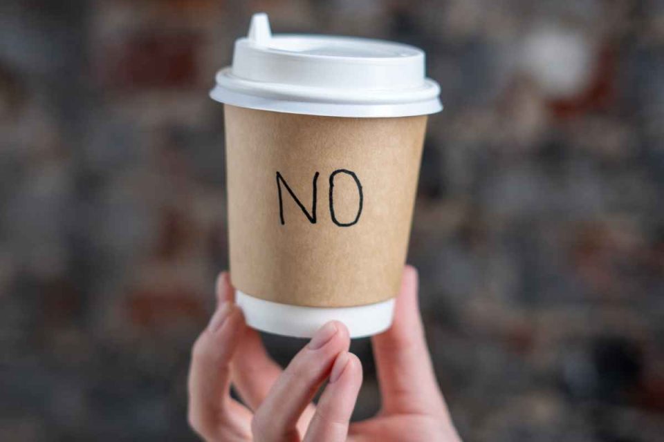baby steps to better nutrition: coffee cup with "no" written on it. Bodyshot Performance