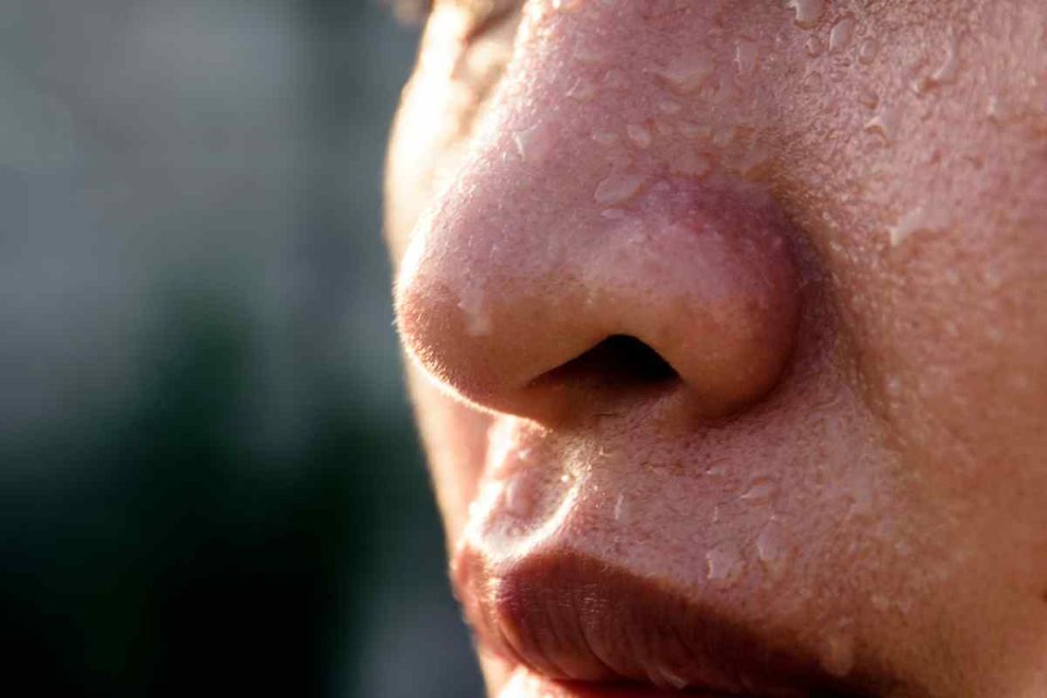 Close up of sweat on a person's face